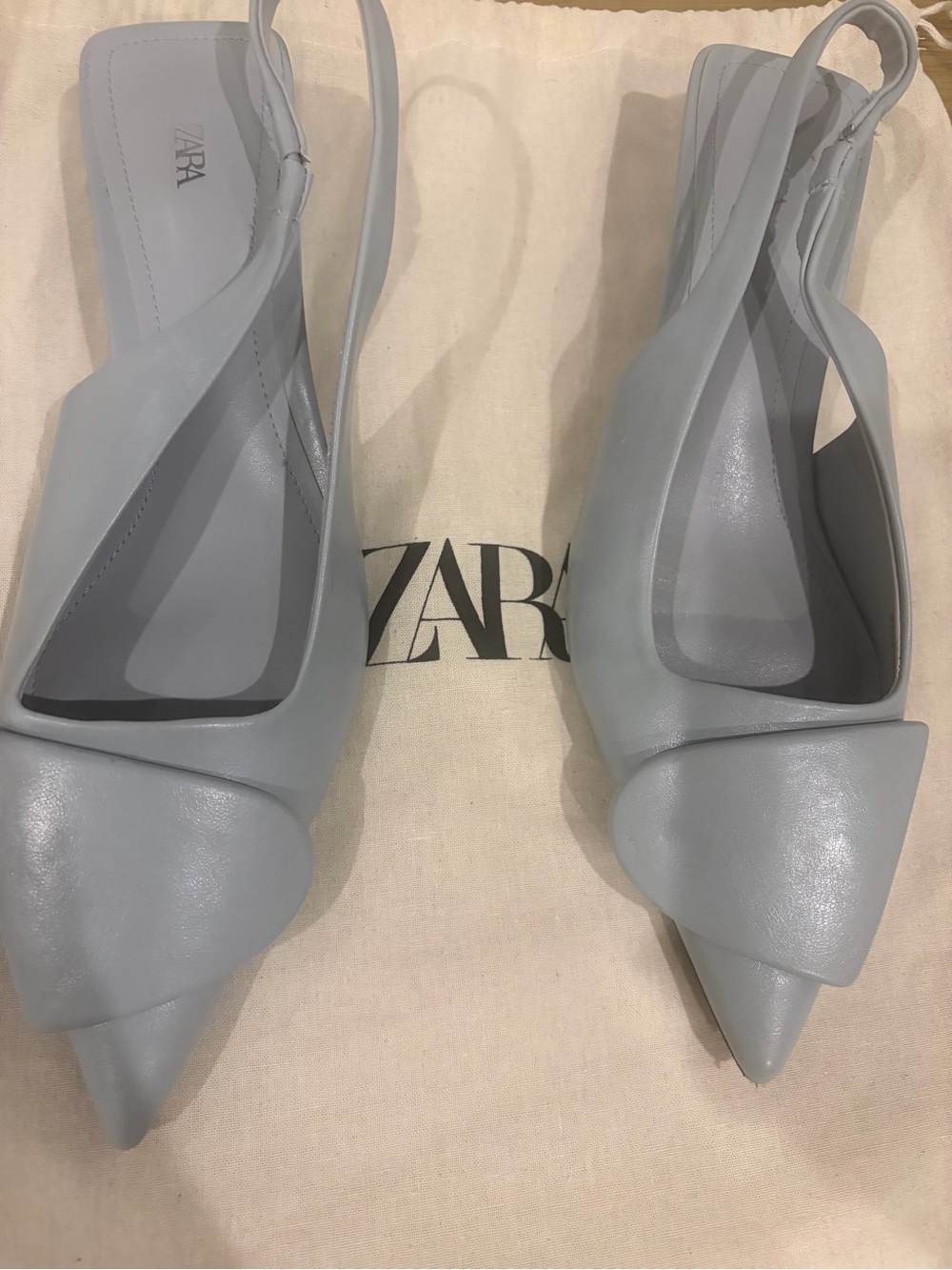 Zara Light Gray Pointed Slingback Flats with Twisted Vamp